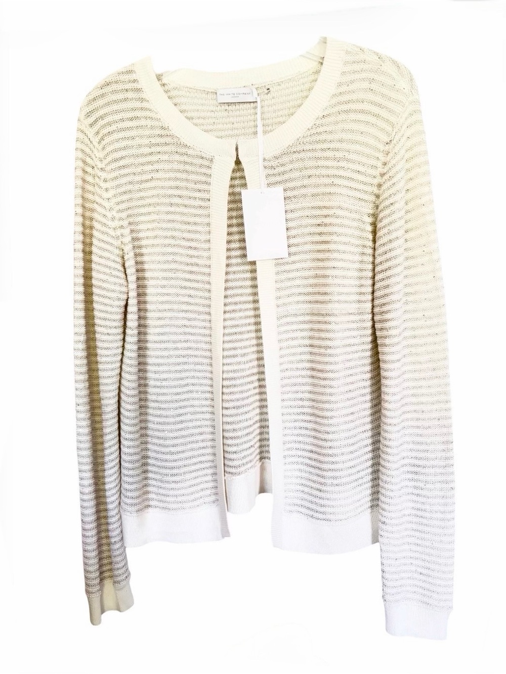 The White Company White Striped Sequined Open-Front Cardigan Sz L NWT